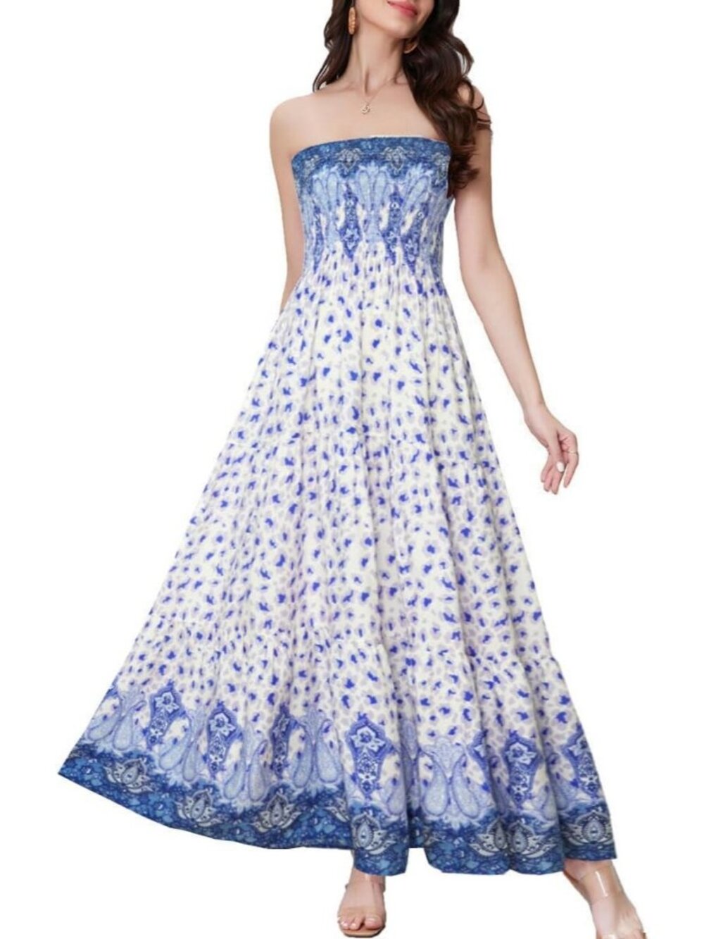 Women's Blue Leopard Pattern Tube Top Off Shoulder Boho Beach Long Maxi Dress
